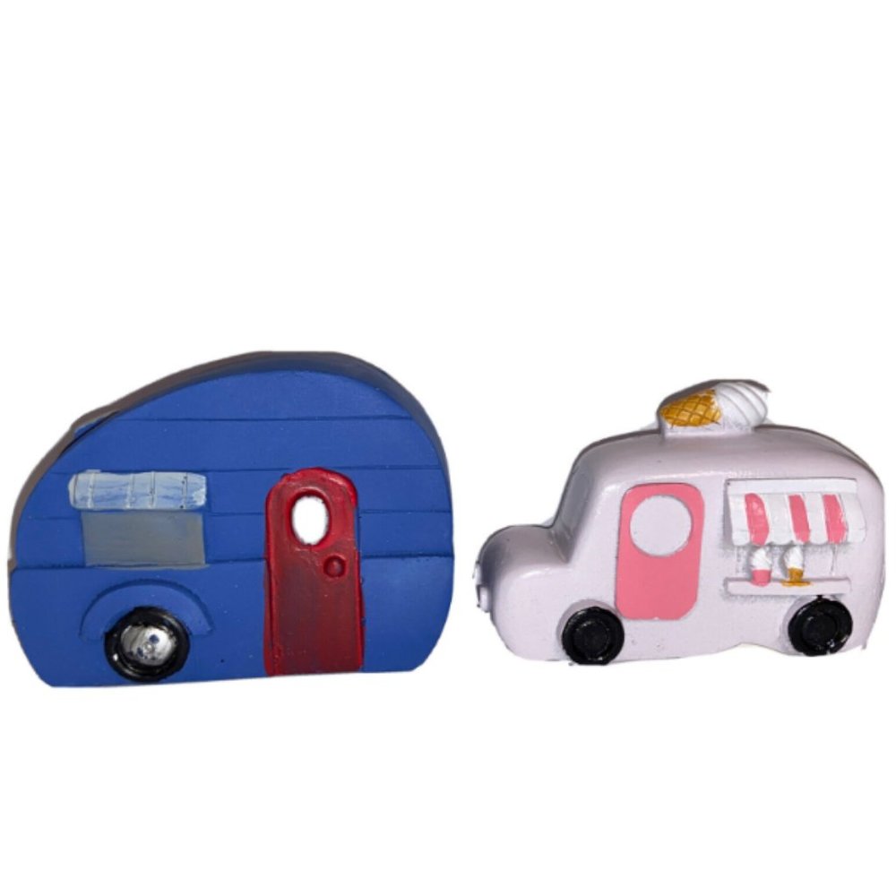 Fairy Garden Blue RV Camper Trailer Mini & Ice Cream Cone Truck Pink Lot of 2